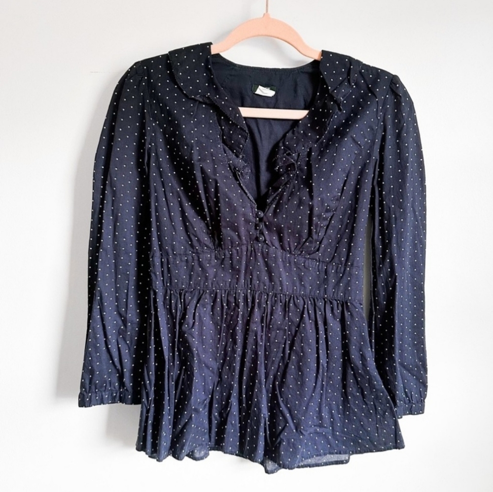 J.Crew Navy Blue White Polka Dot Ruffle Collar Cotton Top sz 6